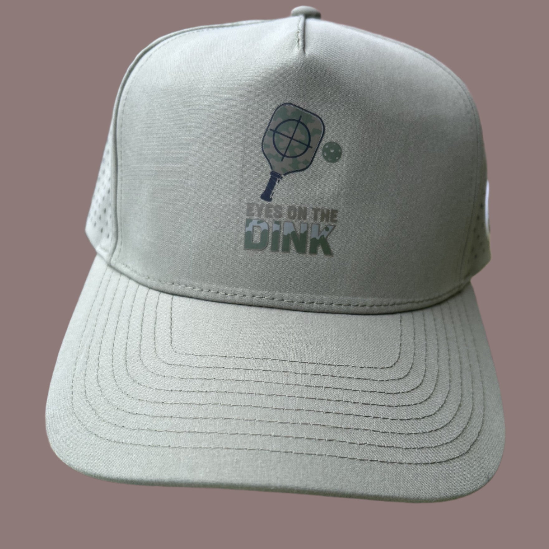 Olive Drab Eyes on the Dink pickleball hat with curved visor and laser-perforated panels